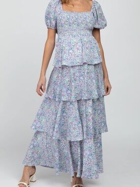 Blue Floral Square Neck Ruffle Layered Maternity Maxi Dress